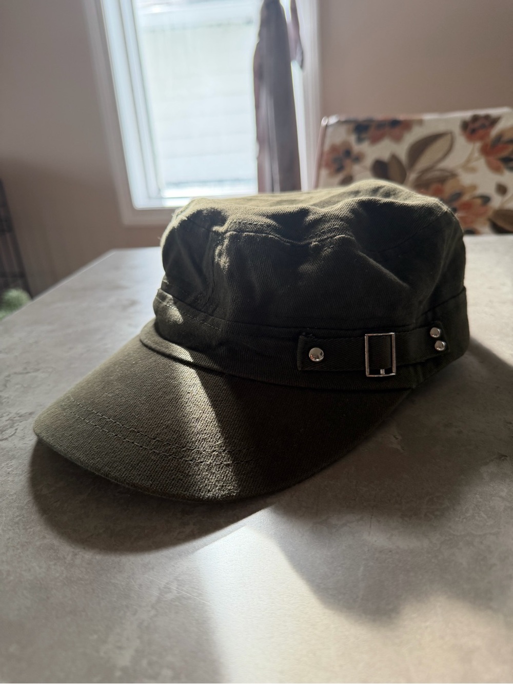 Olive Green Military Cadet Cap - Side Buckle & Metal Rivet Detail
